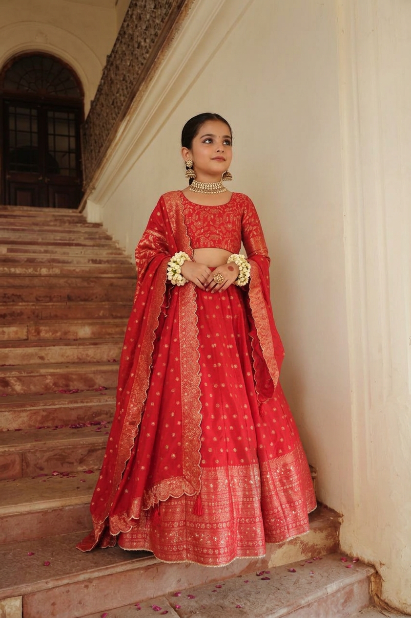 Safaa Red Vegan Silk Woven Floral Boota Lehenga Set For Girls