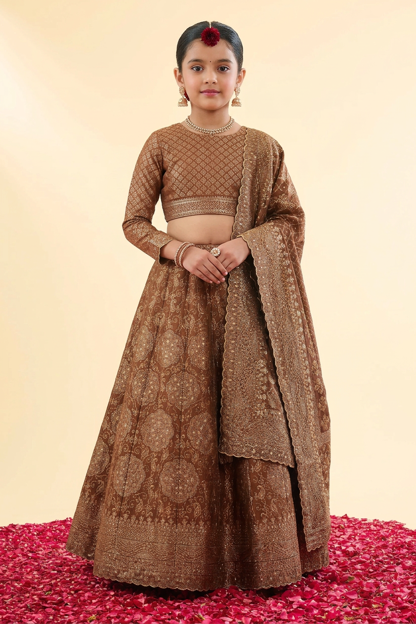 Safaa Brown Vegan Silk Bandhani Lehenga Set For Girls
