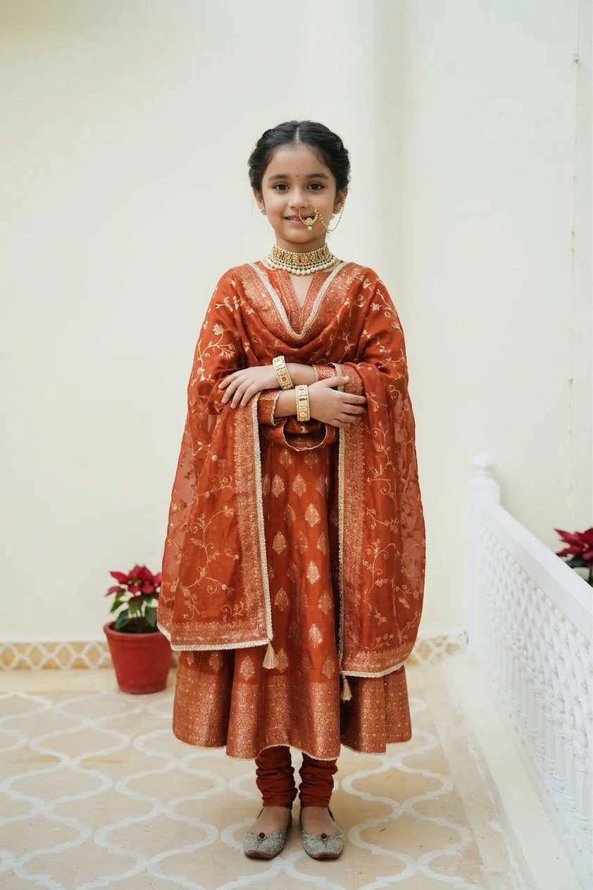 Safaa Rust Vegan Silk Woven Motif Anarkali Set For Girls