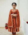 Safaa Rust Vegan Silk Woven Motif Anarkali Set For Girls