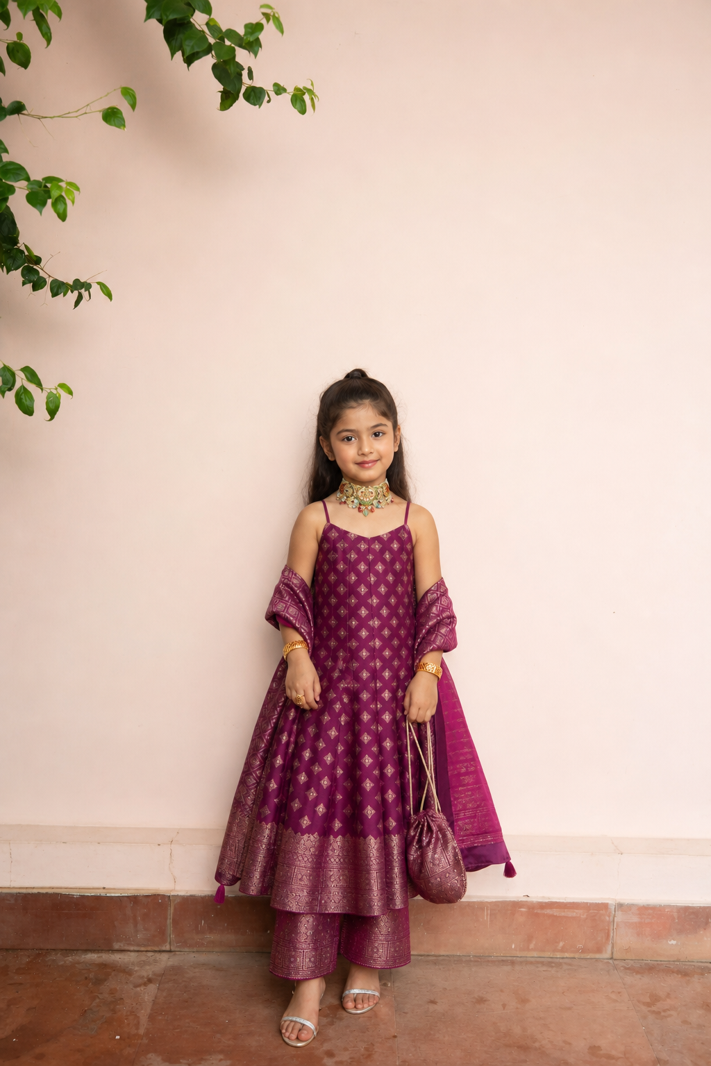 Safaa Magenta Vegan Silk Zari Woven Anarkali Set For Girls