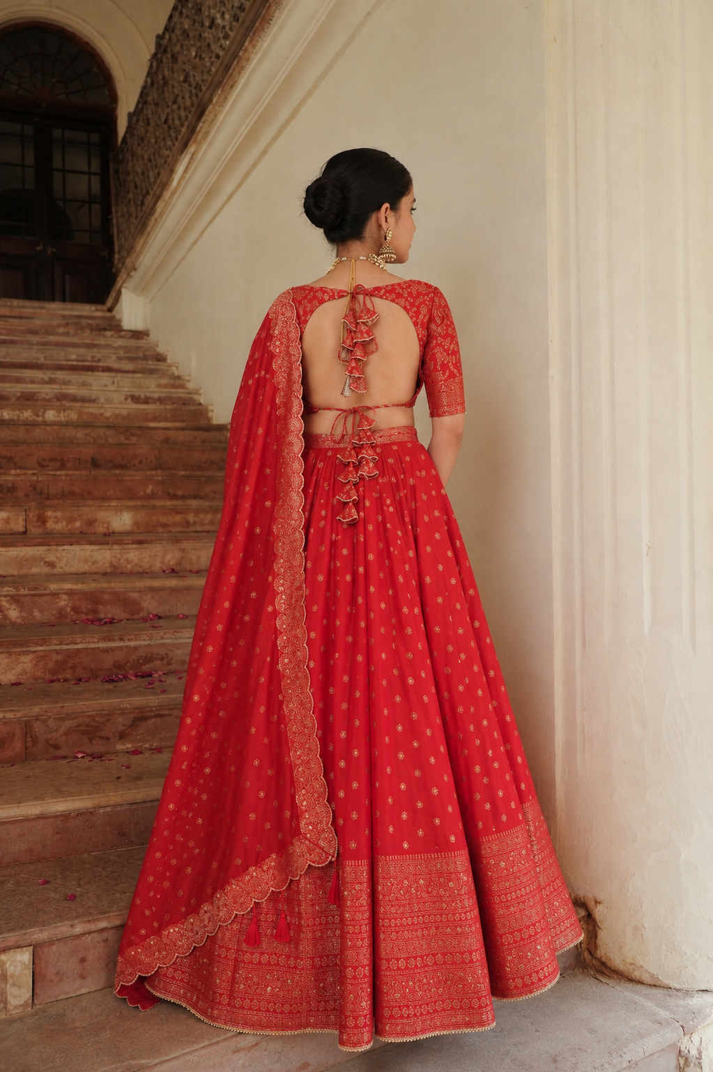 Safaa Red Vegan Silk Woven Floral Boota Lehenga Set For Girls