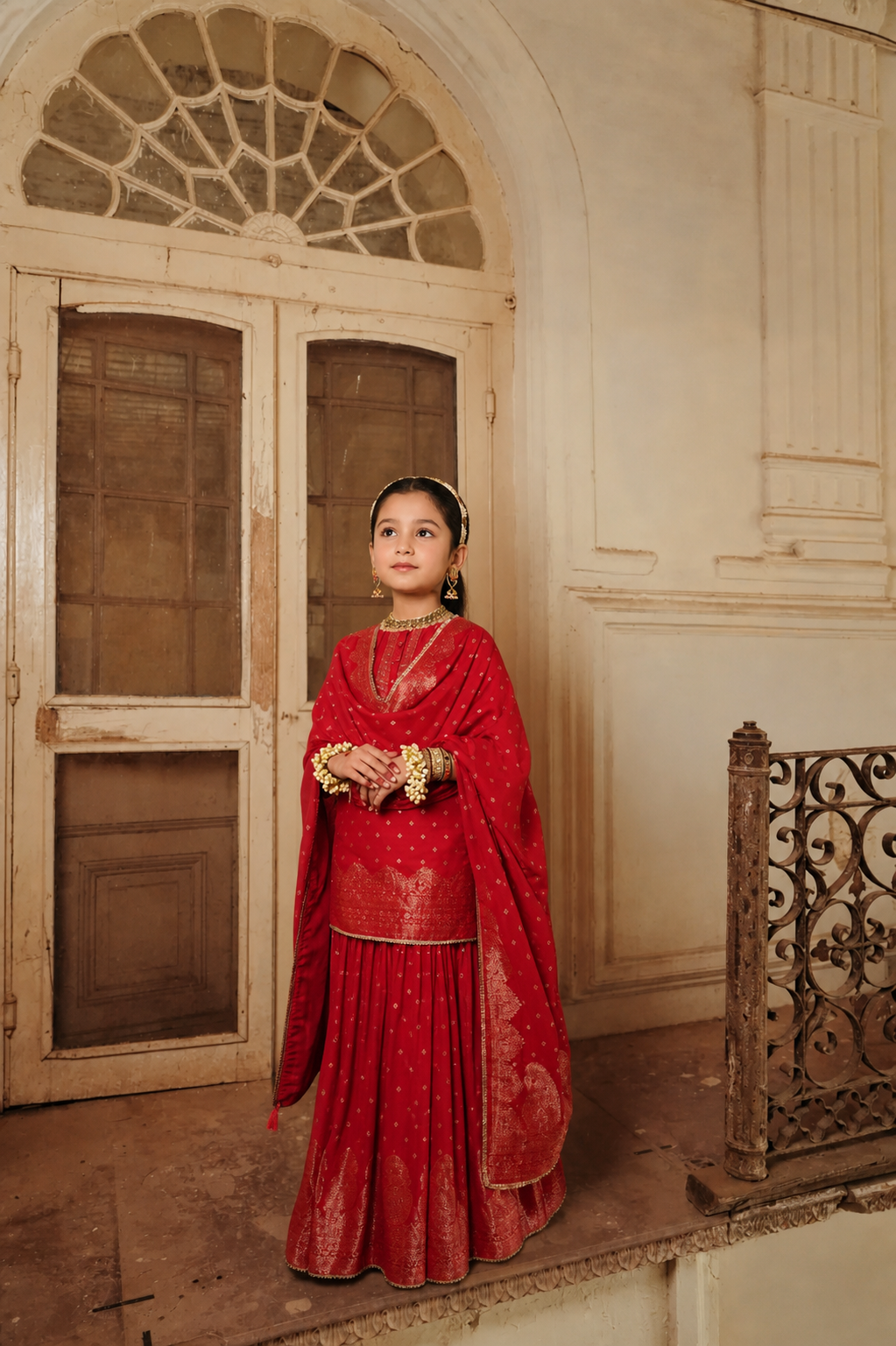 Safaa Red Vegan Silk Woven Motif Gharara Set For Girls