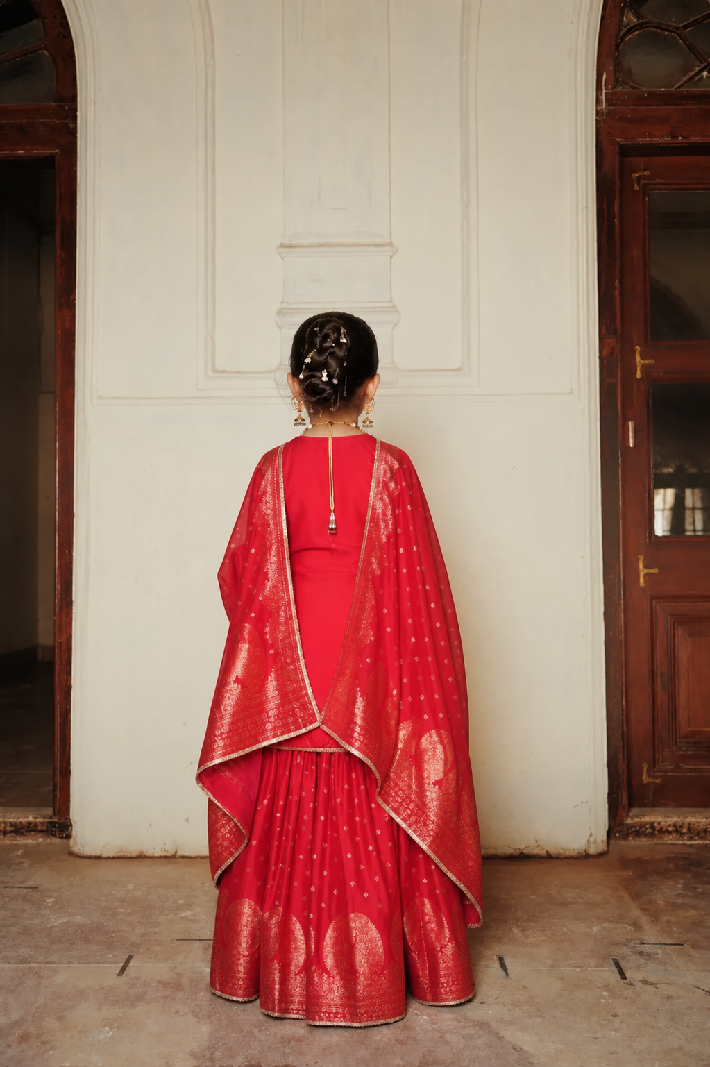Safaa Red Vegan Silk Woven Motif Gharara Set For Girls
