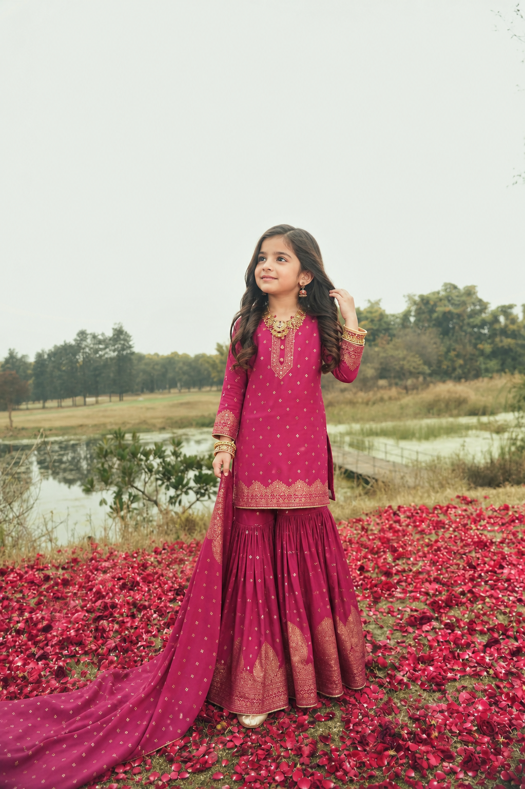 Safaa Magenta Vegan Silk Woven Motif Sharara Set For Girls