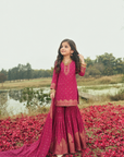 Safaa Magenta Vegan Silk Woven Motif Sharara Set For Girls