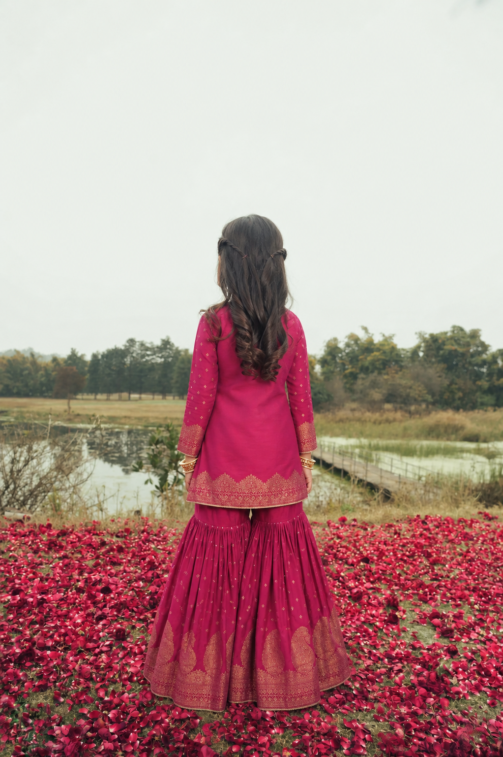 Safaa Magenta Vegan Silk Woven Motif Sharara Set For Girls