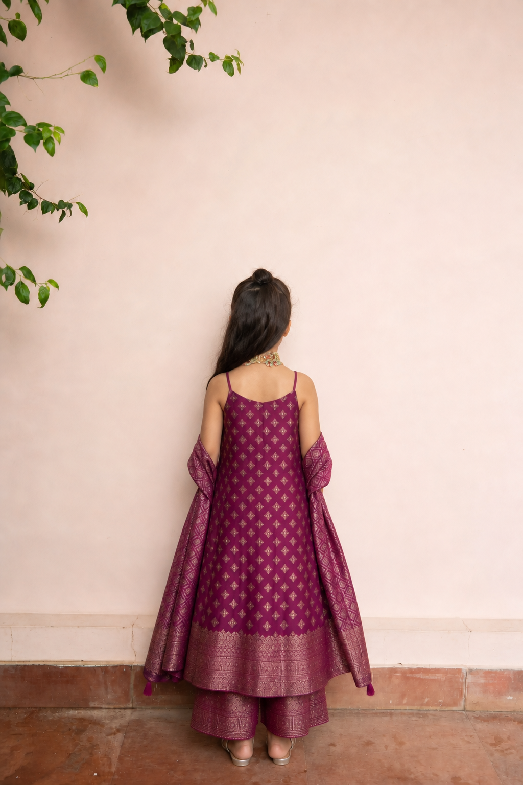 Safaa Magenta Vegan Silk Zari Woven Anarkali Set For Girls