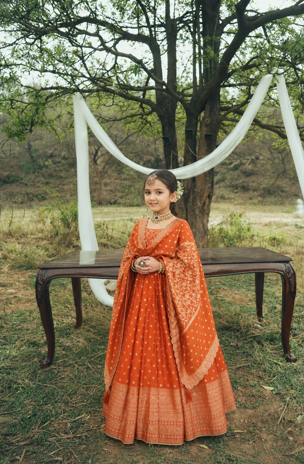 Safaa Rust Vegan Silk Woven Floral Lehenga Set For Girls