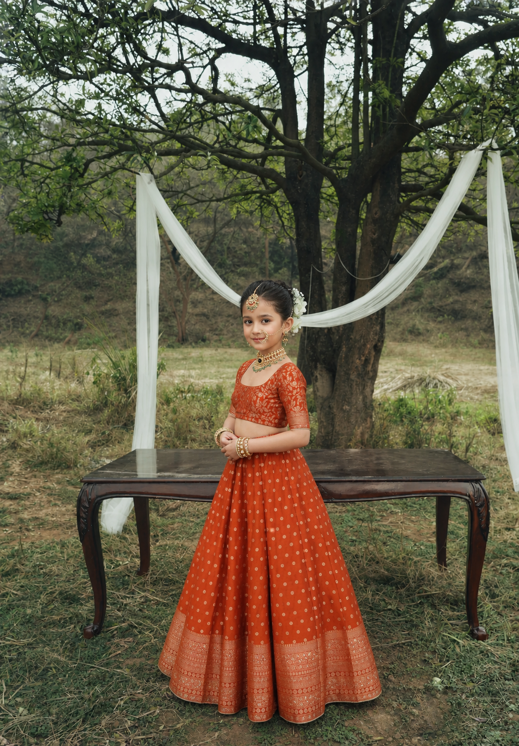 Safaa Rust Vegan Silk Woven Floral Lehenga Set For Girls