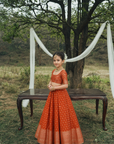 Safaa Rust Vegan Silk Woven Floral Lehenga Set For Girls