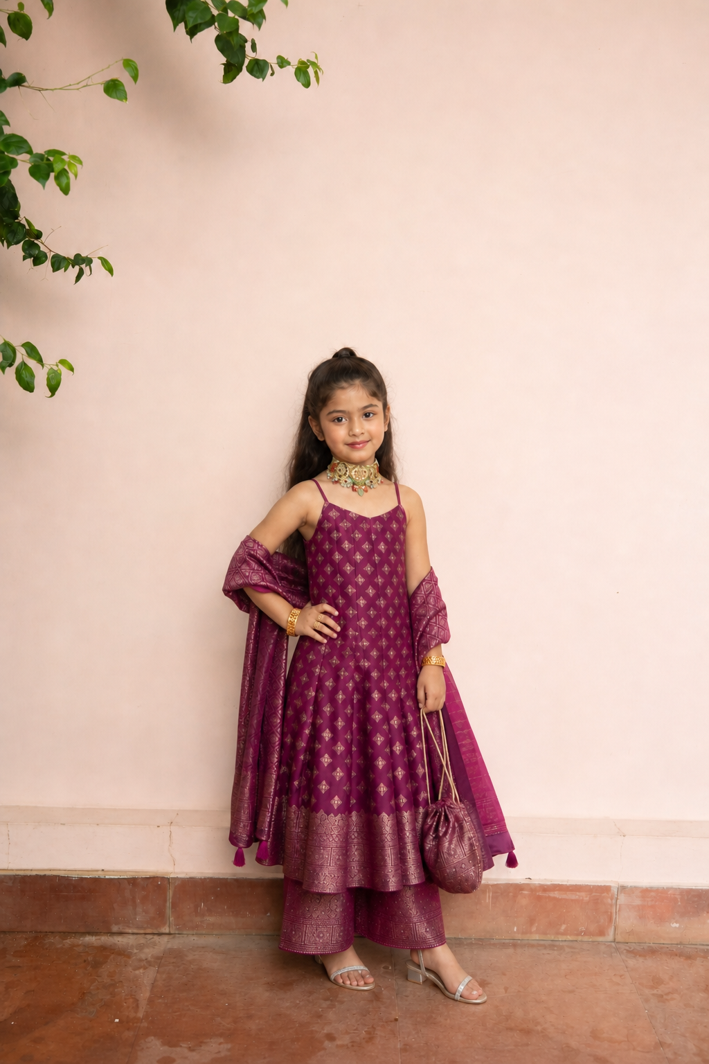 Safaa Magenta Vegan Silk Zari Woven Anarkali Set For Girls