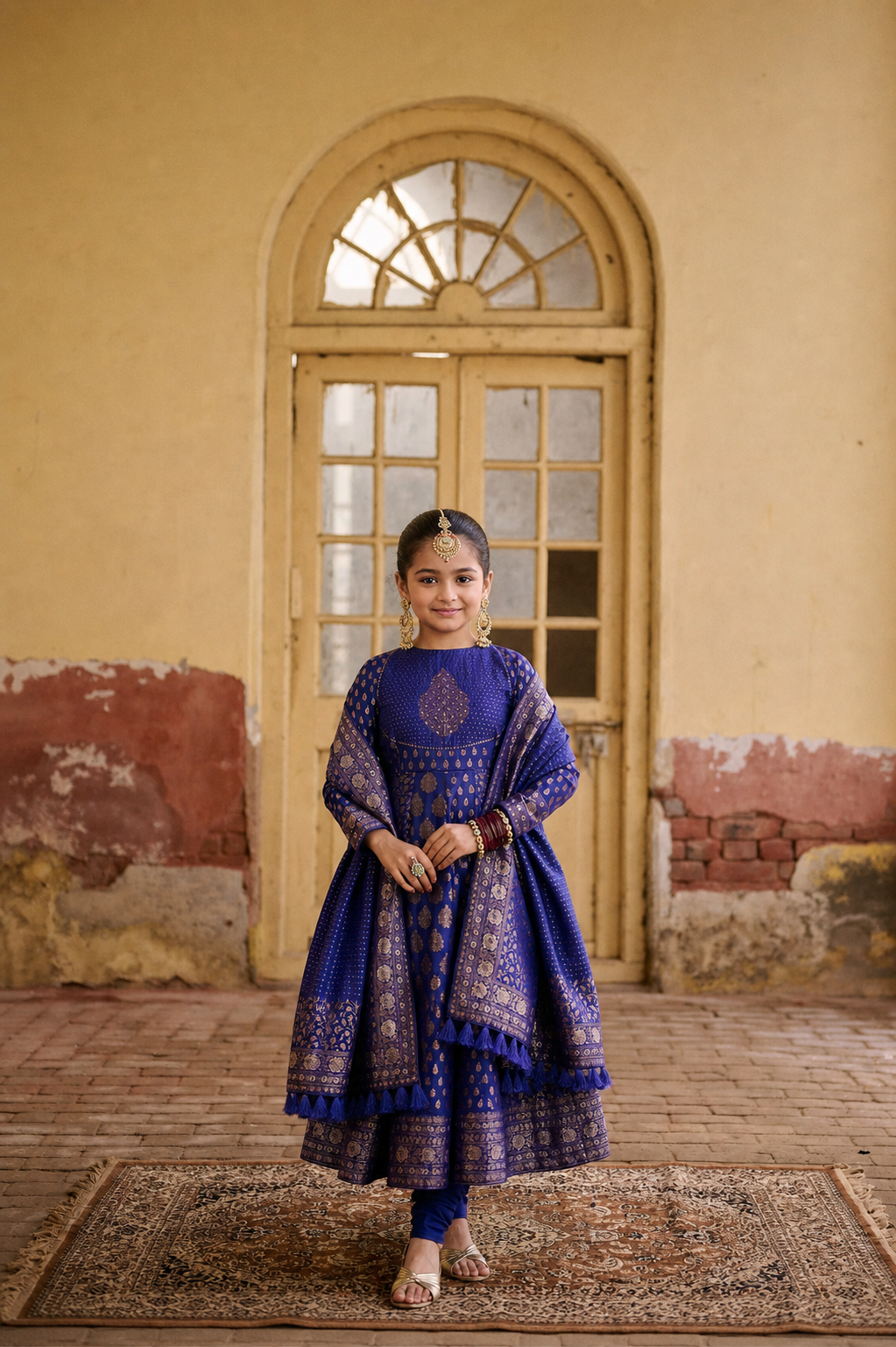 Safaa Indigo Blue Vegan Silk Zari Woven Anarkali Set For Girls
