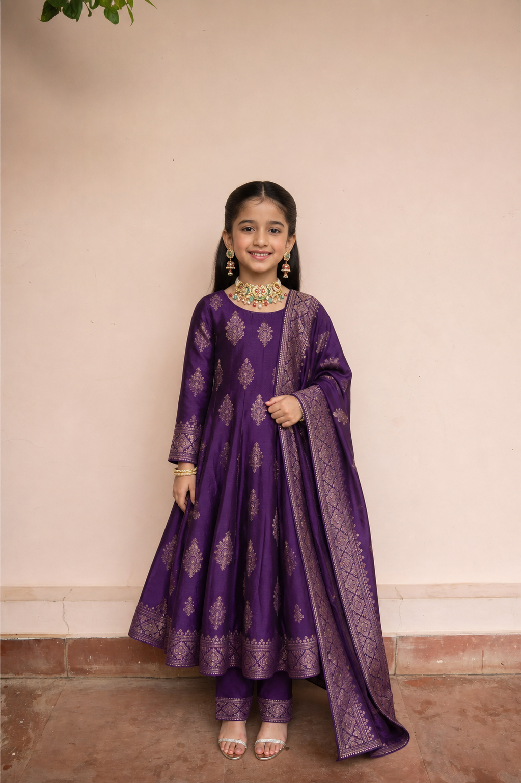 Safaa Purple Vegan Silk Zari Woven Anarkali Set For Girls