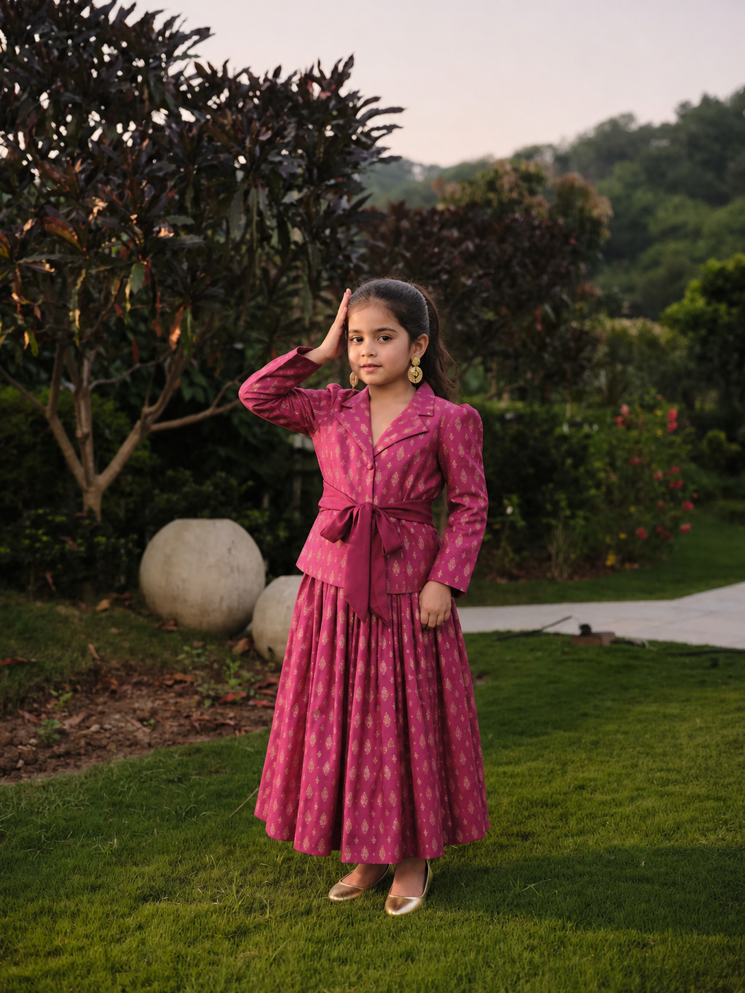 Safaa Magenta Moonga Silk Woven Motif Skirt Set For Girls