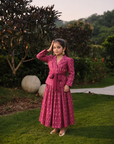 Safaa Magenta Moonga Silk Woven Motif Skirt Set For Girls