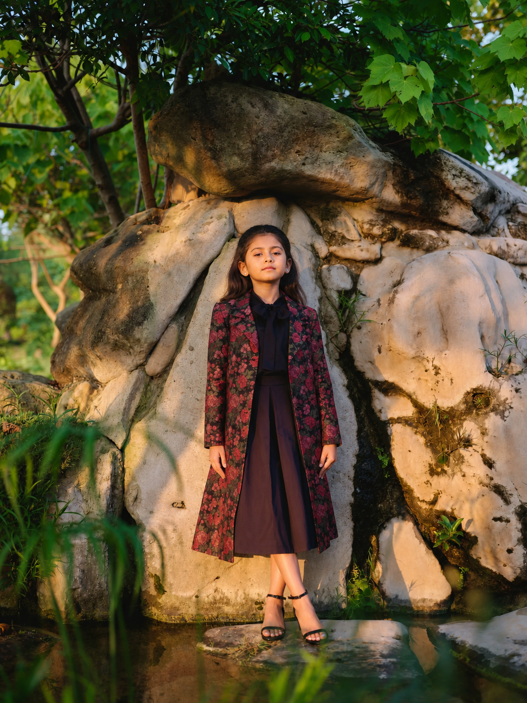 Safaa Black Moonga Silk Woven Motif Skirt Set For Girls