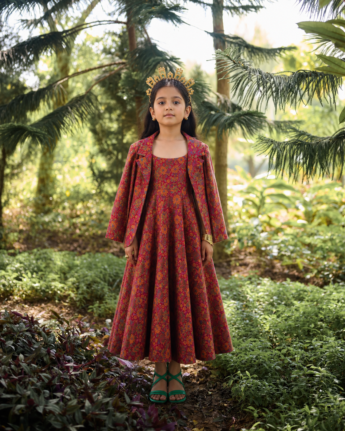 Safaa Magenta Moonga Silk Woven Floral Motif Blazer Set For Girls