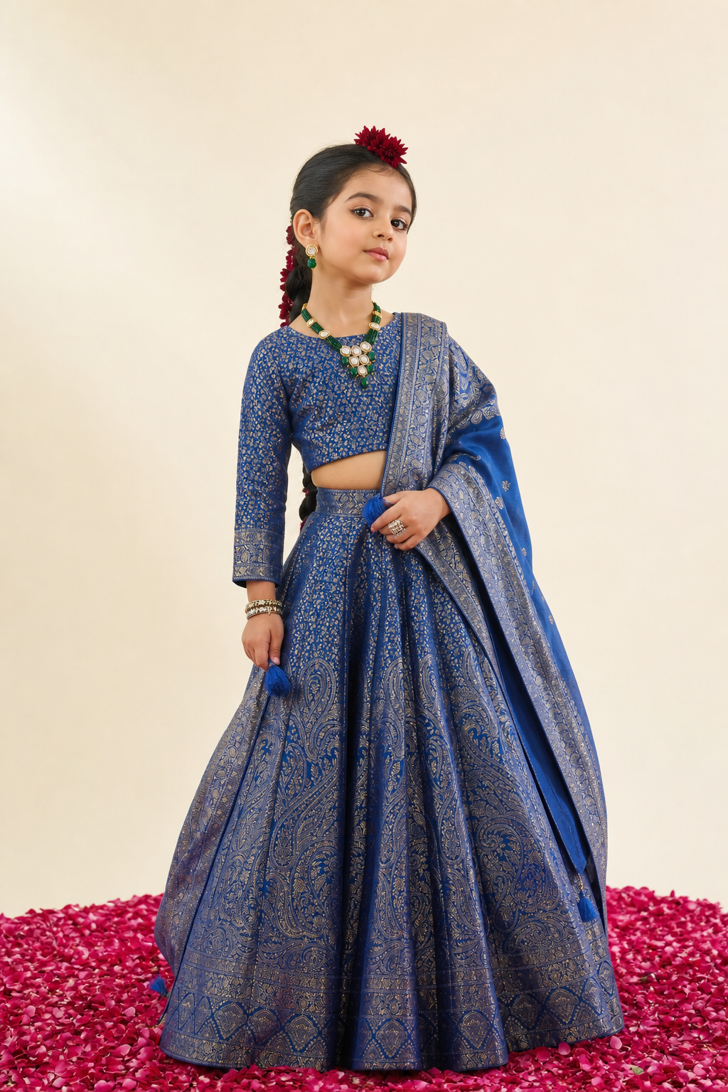 Safaa Ink Blue Vegan Silk Zari Gota Woven Lehenga Set For Girls