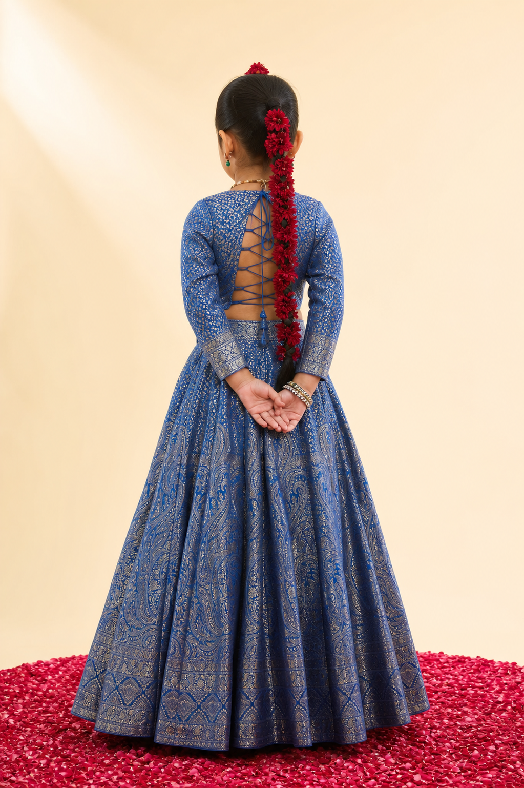 Safaa Ink Blue Vegan Silk Zari Gota Woven Lehenga Set For Girls