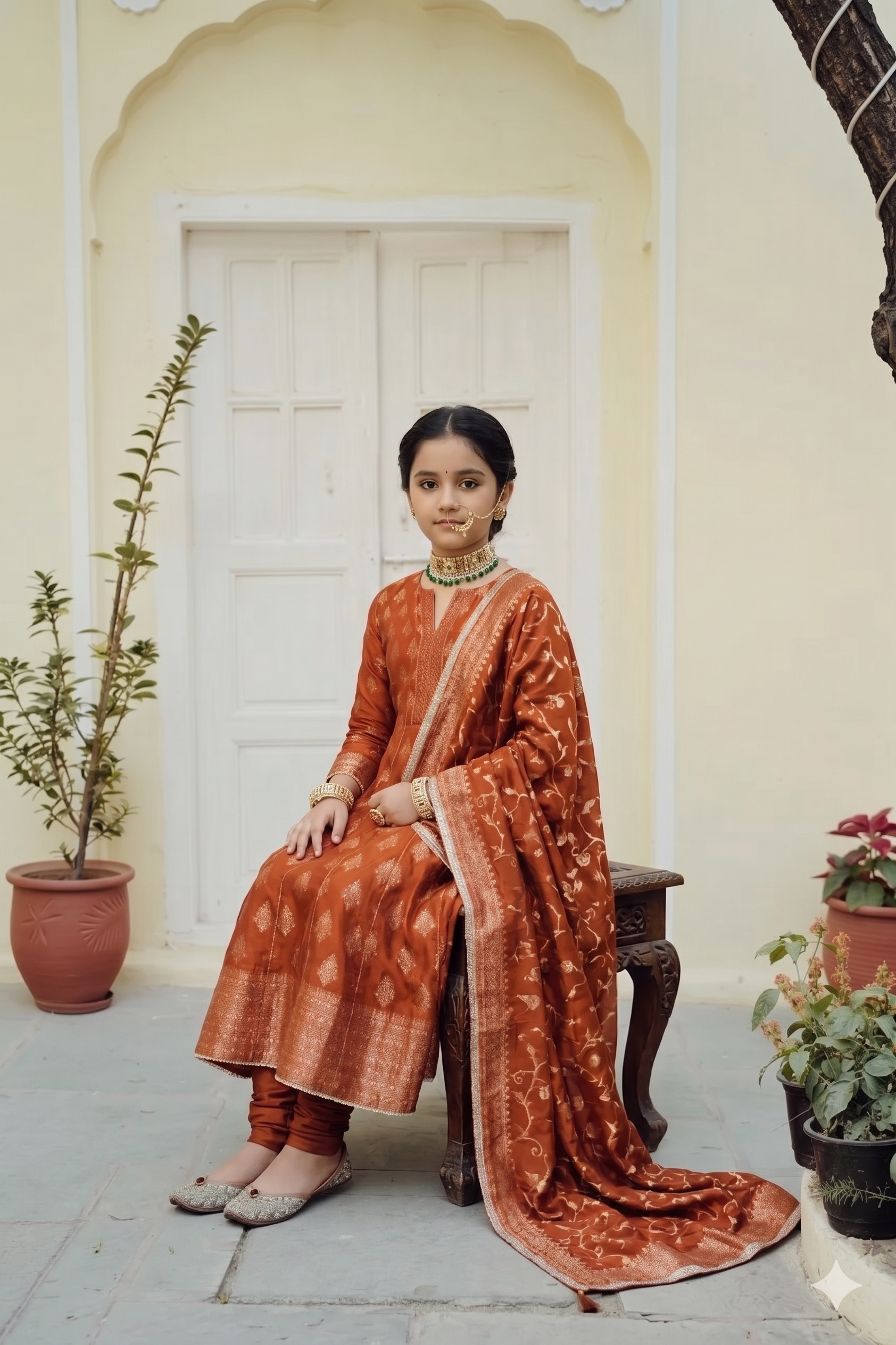 Safaa Rust Vegan Silk Woven Motif Anarkali Set For Girls