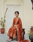 Safaa Rust Vegan Silk Woven Motif Anarkali Set For Girls