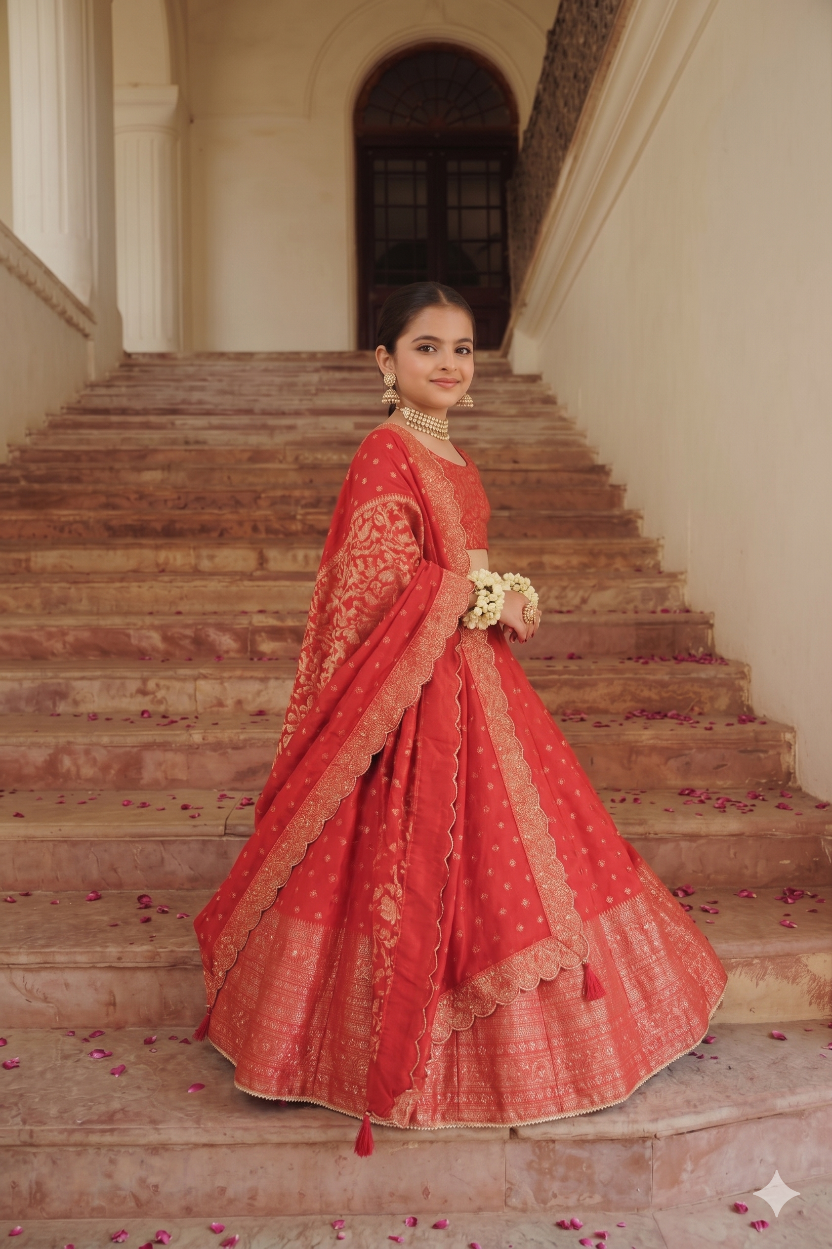 Safaa Red Vegan Silk Woven Floral Boota Lehenga Set For Girls