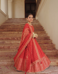 Safaa Red Vegan Silk Woven Floral Boota Lehenga Set For Girls