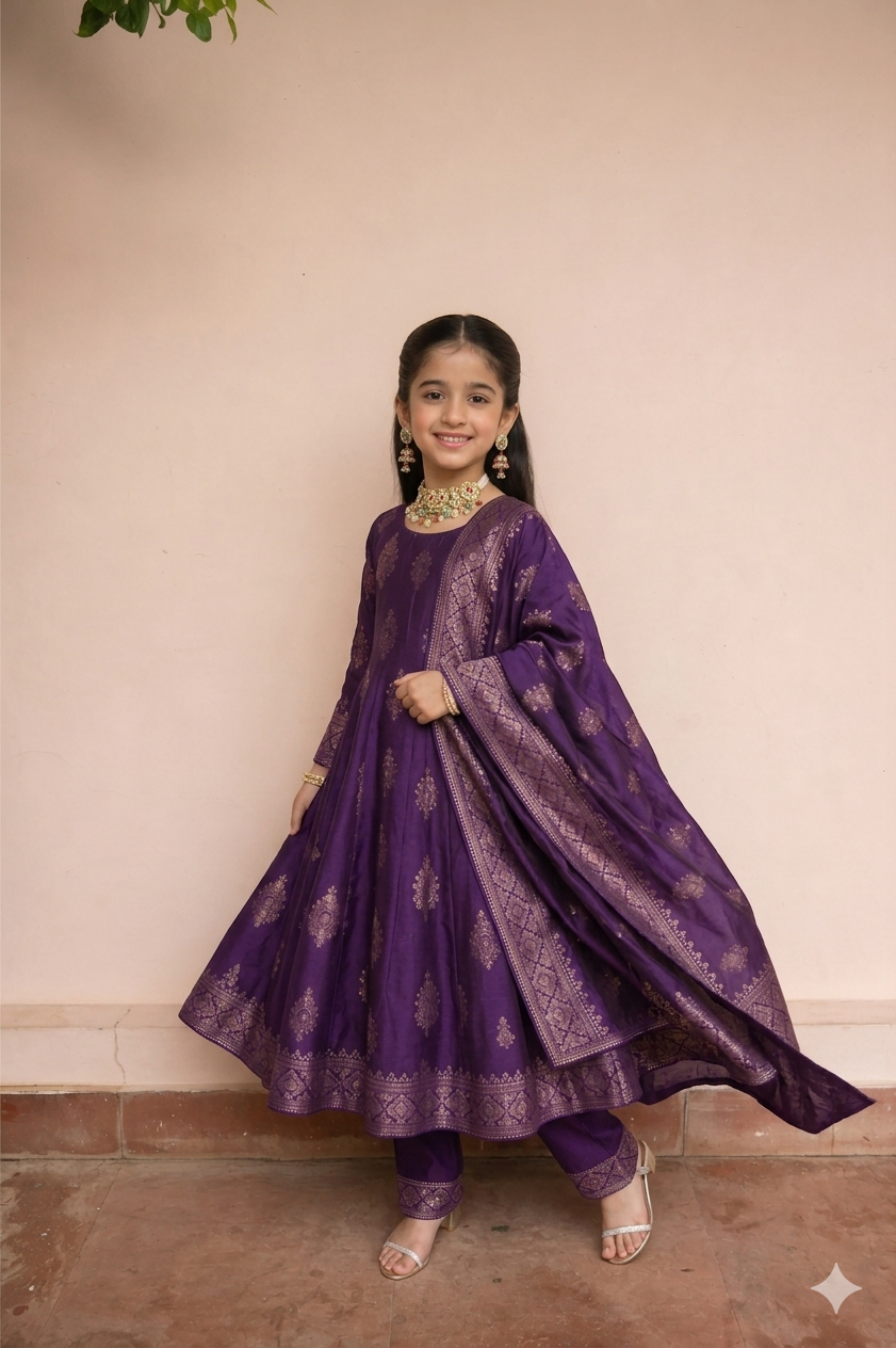 Safaa Purple Vegan Silk Zari Woven Anarkali Set For Girls