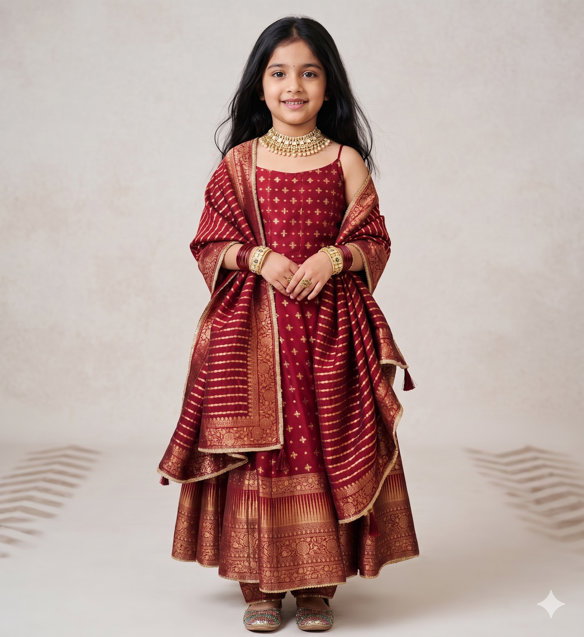 Safaa Maroon Vegan Silk Stripe Printed Anarkali Set For Girls