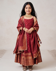 Safaa Maroon Vegan Silk Stripe Printed Anarkali Set For Girls