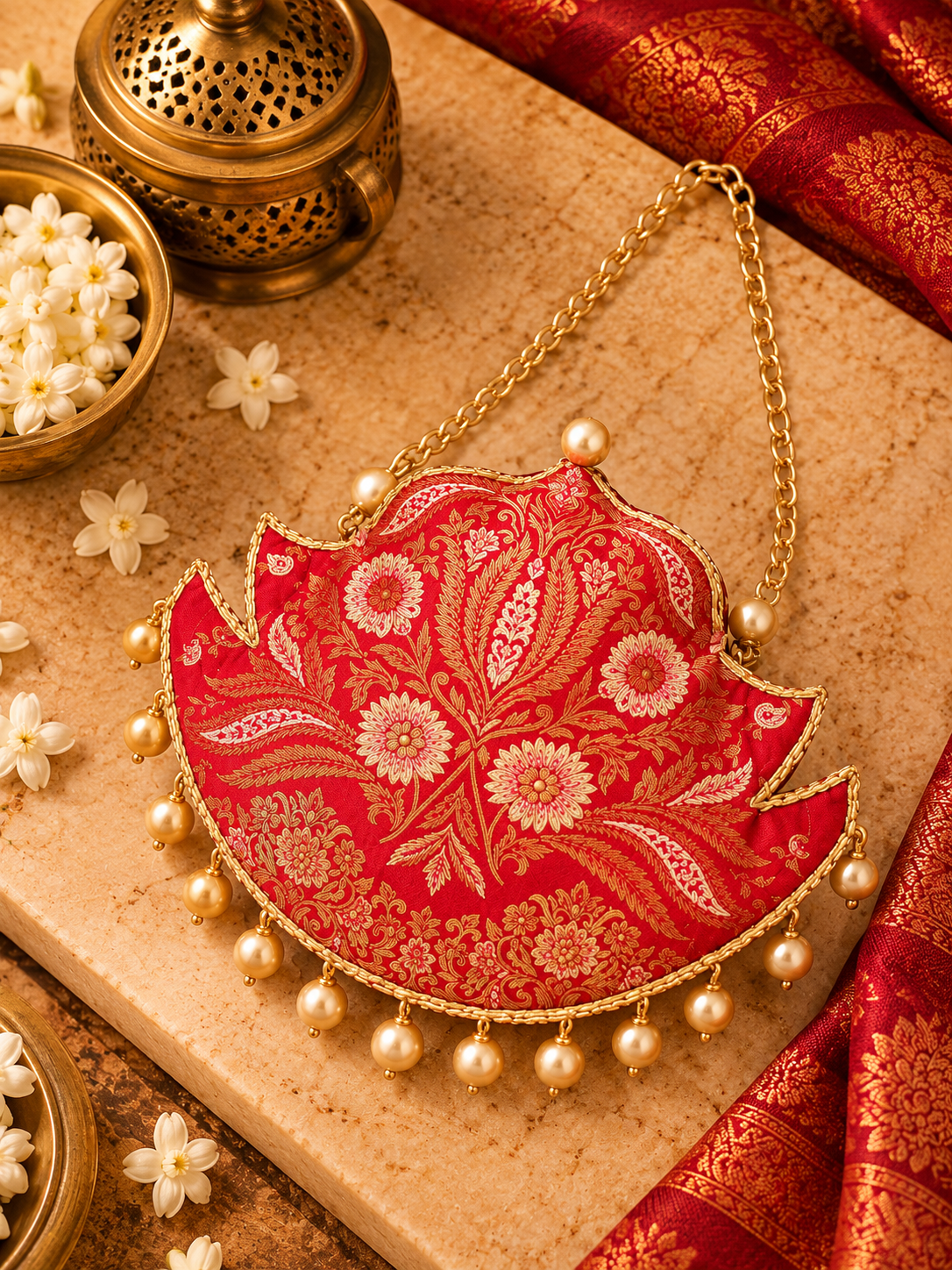 Red Silk Zari Brocade Lotus Potli with Gold Pearl Drops