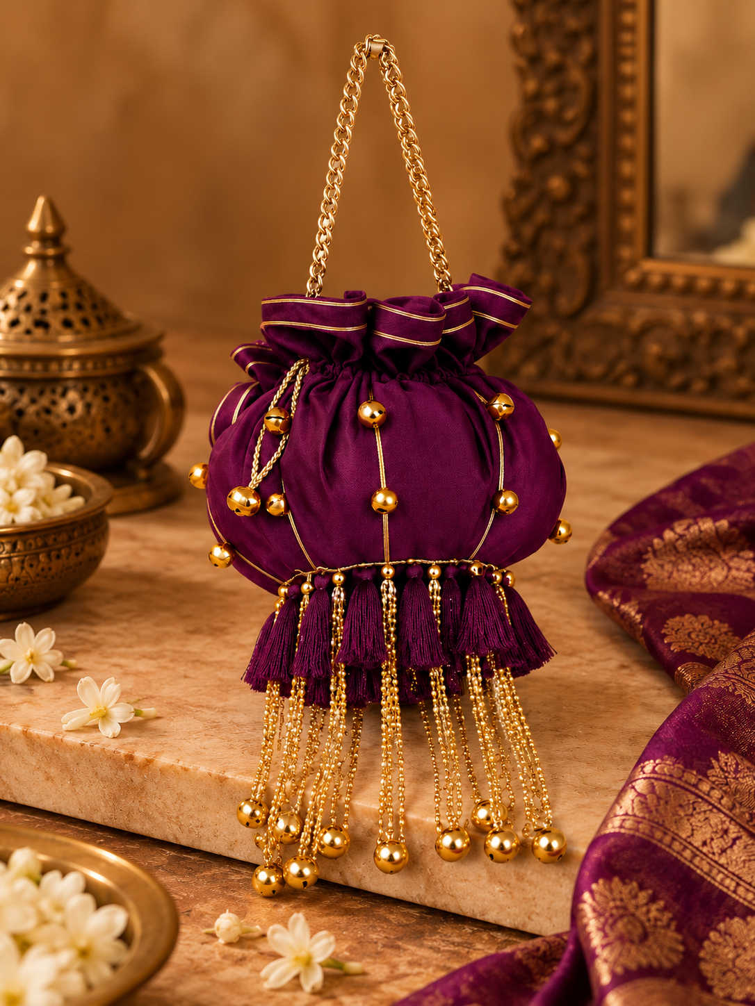 Magenta Silk Zari Potli Bag with Gold Bead Tassel Fringe