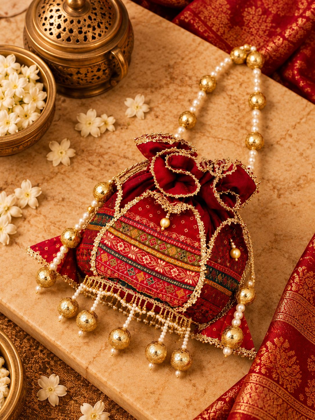 Maroon Silk Zari Woven Potli with Gota Lace &amp; Gold Ball Drops