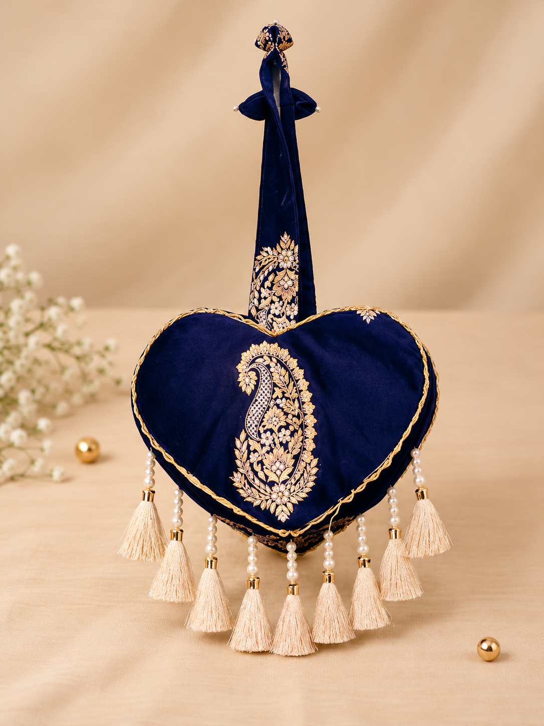 Navy Blue Silk Zari Heart Potli with Paisley Embroidery &amp; Pearl Tassels