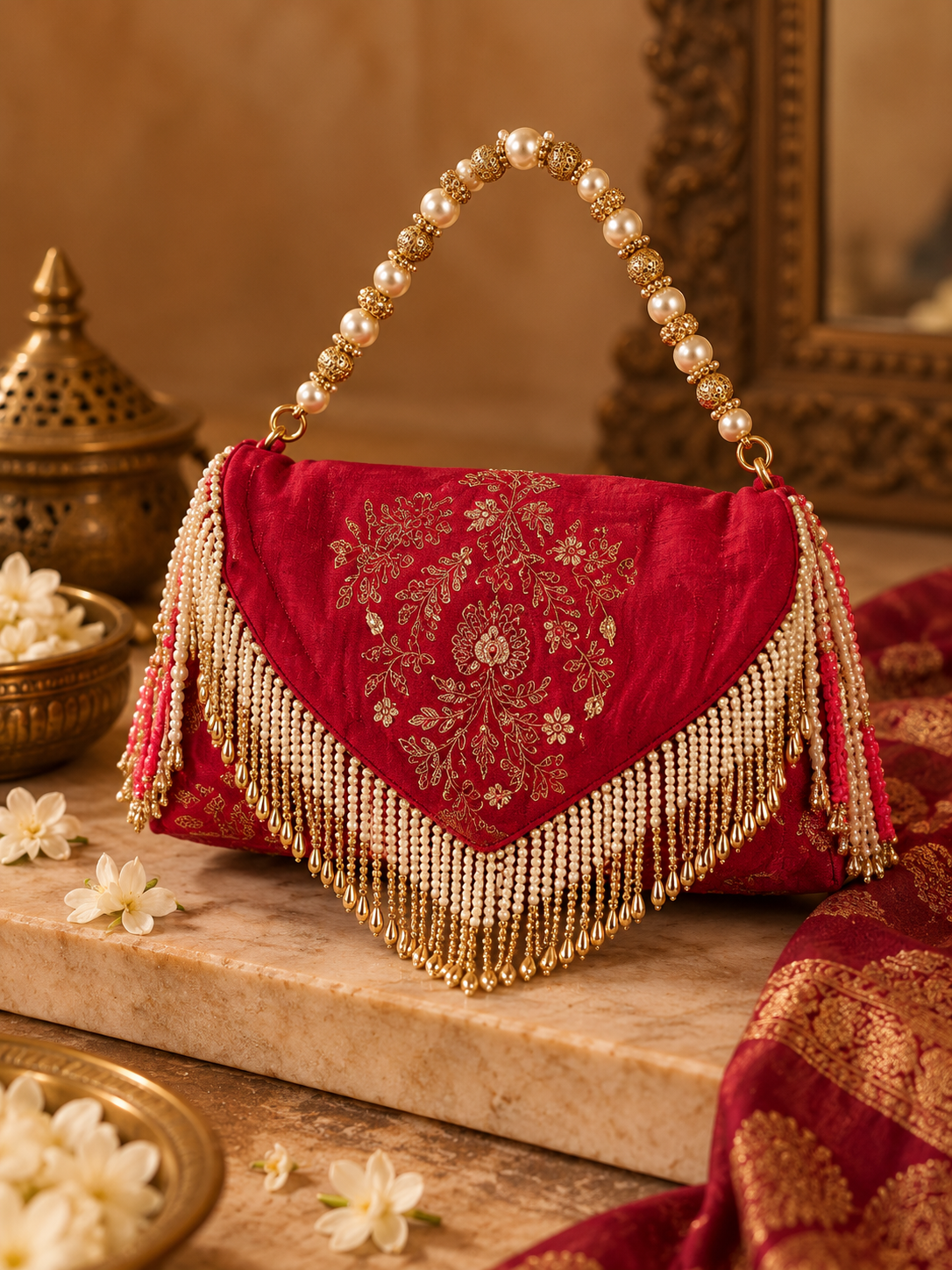 Maroon Silk Zari Bridal Clutch with Pearl Fringe &amp; Beaded Handle