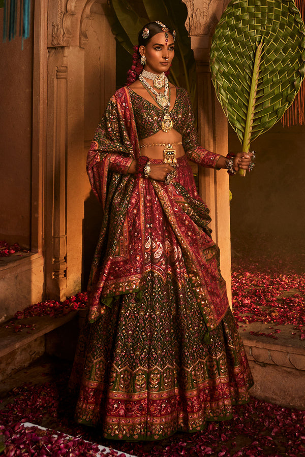 Mor Mahal Green-Magenta Lehenga with Dupatta Set of 3