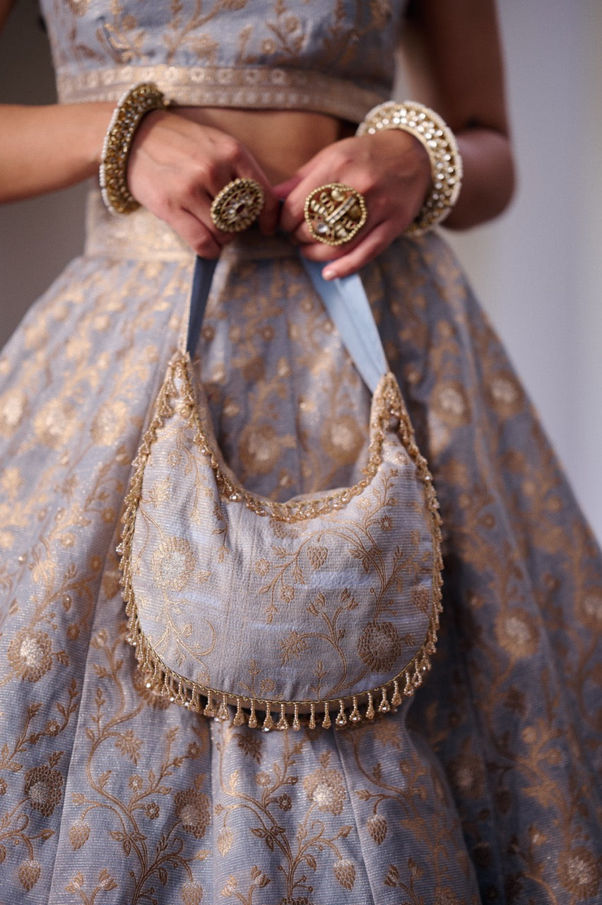 Powder Blue Zari Woven Hobo Bag