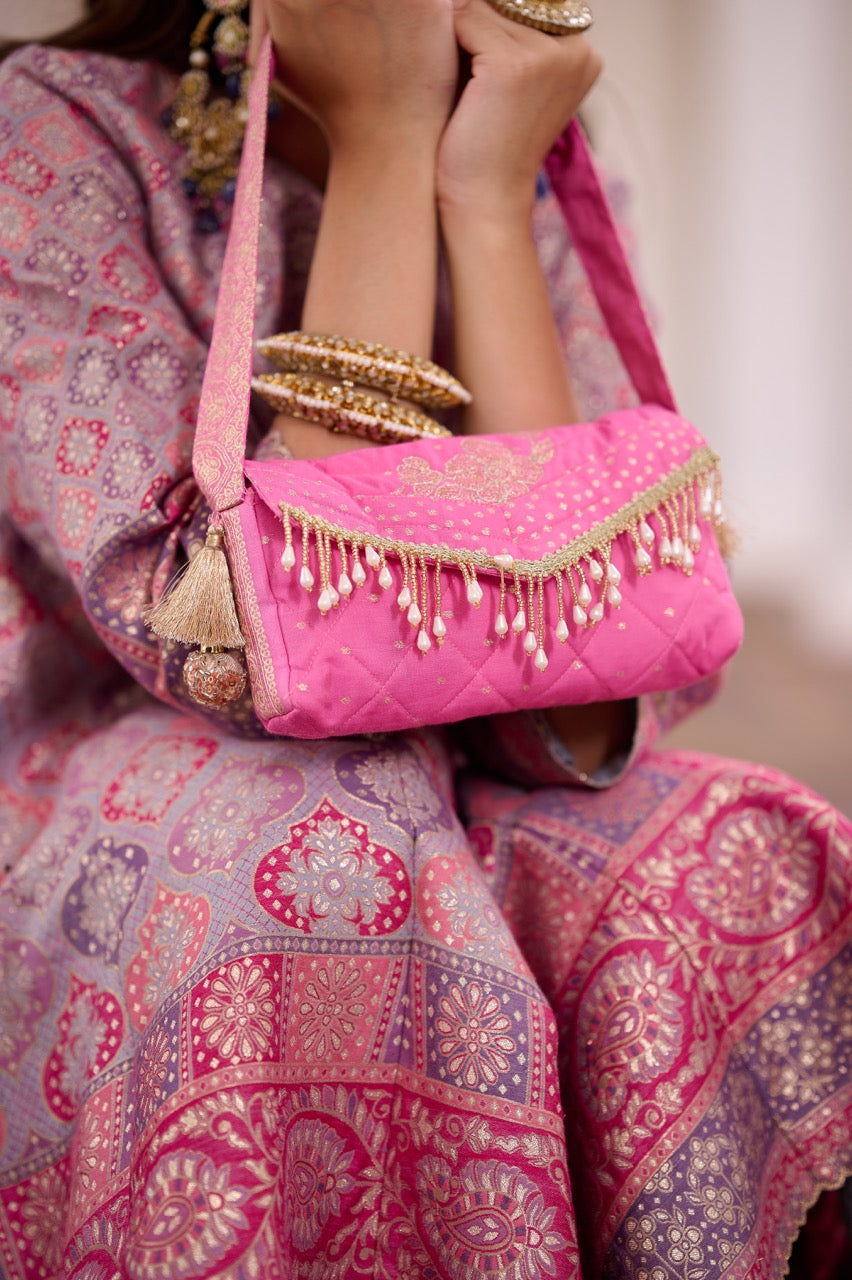 Fuchsia Pink Woven Quilted Sling Bag