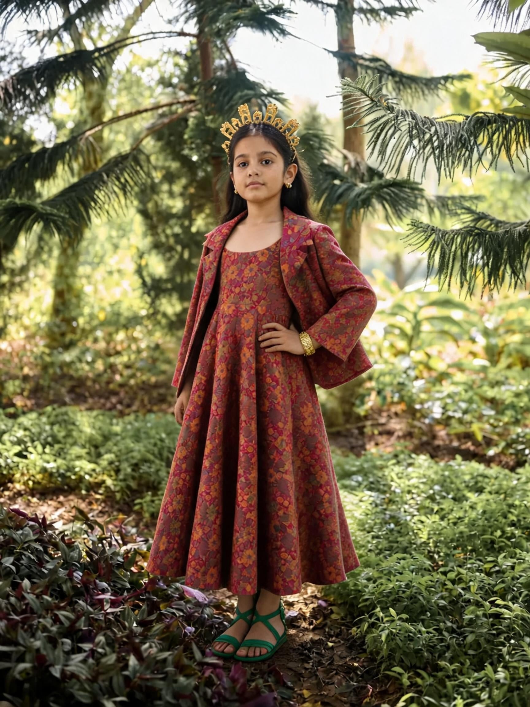 Safaa Magenta Moonga Silk Woven Floral Motif Blazer Set For Girls
