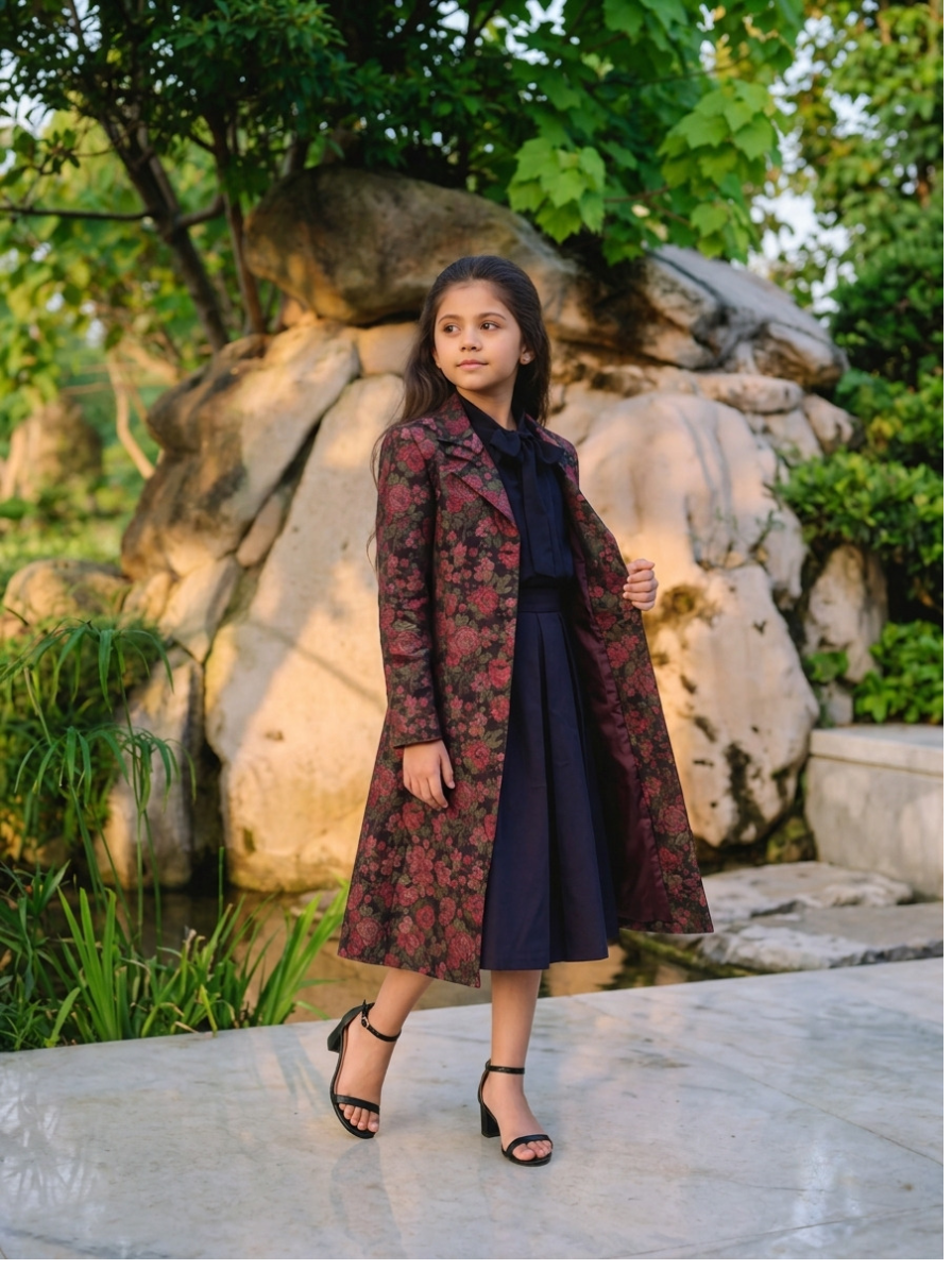Safaa Black Moonga Silk Woven Motif Skirt Set For Girls