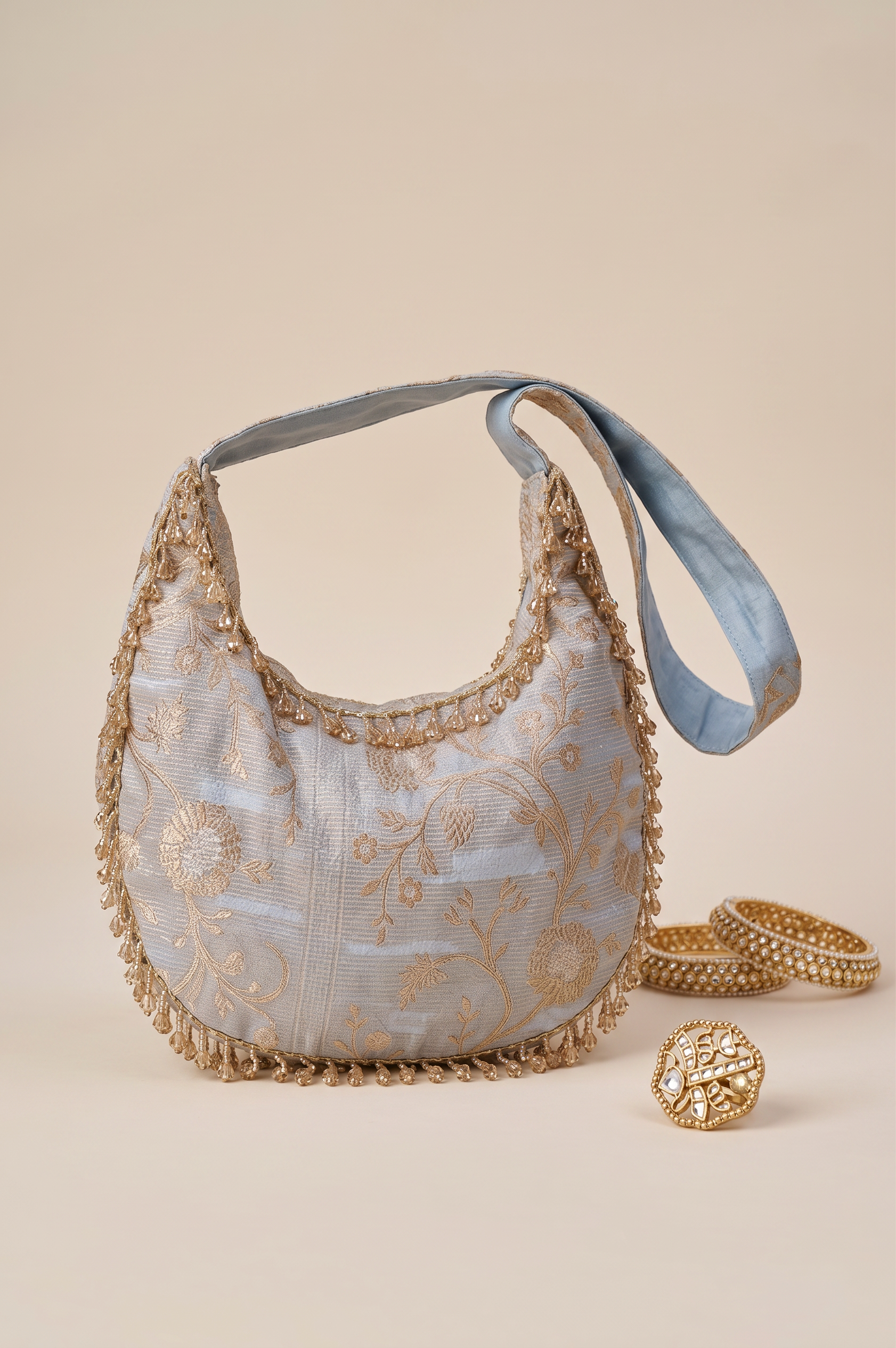 Powder Blue Zari Woven Hobo Bag