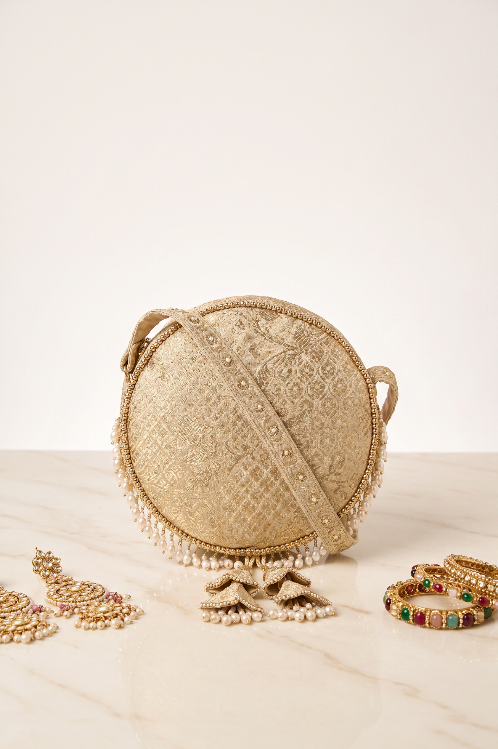 Gold Brocade Woven Round Sling Bag