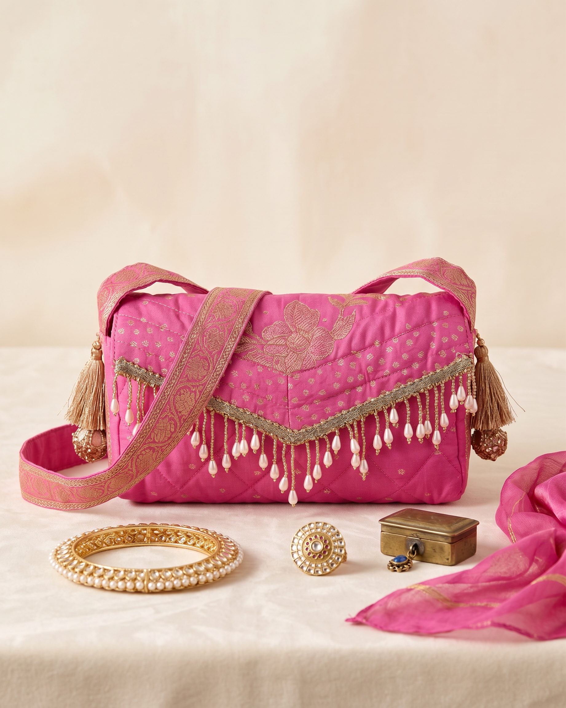 Fuchsia Pink Woven Quilted Sling Bag