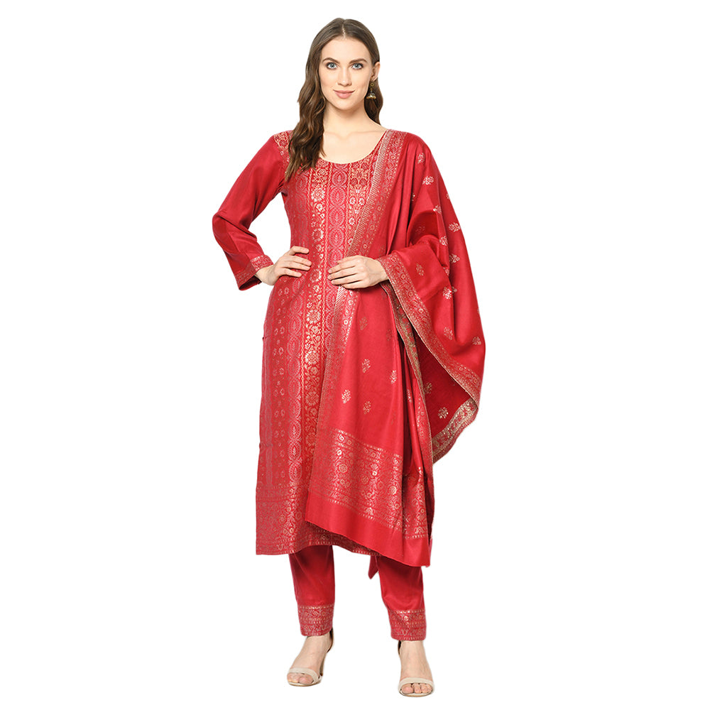 Acro Wool Red Dress Material with Stole