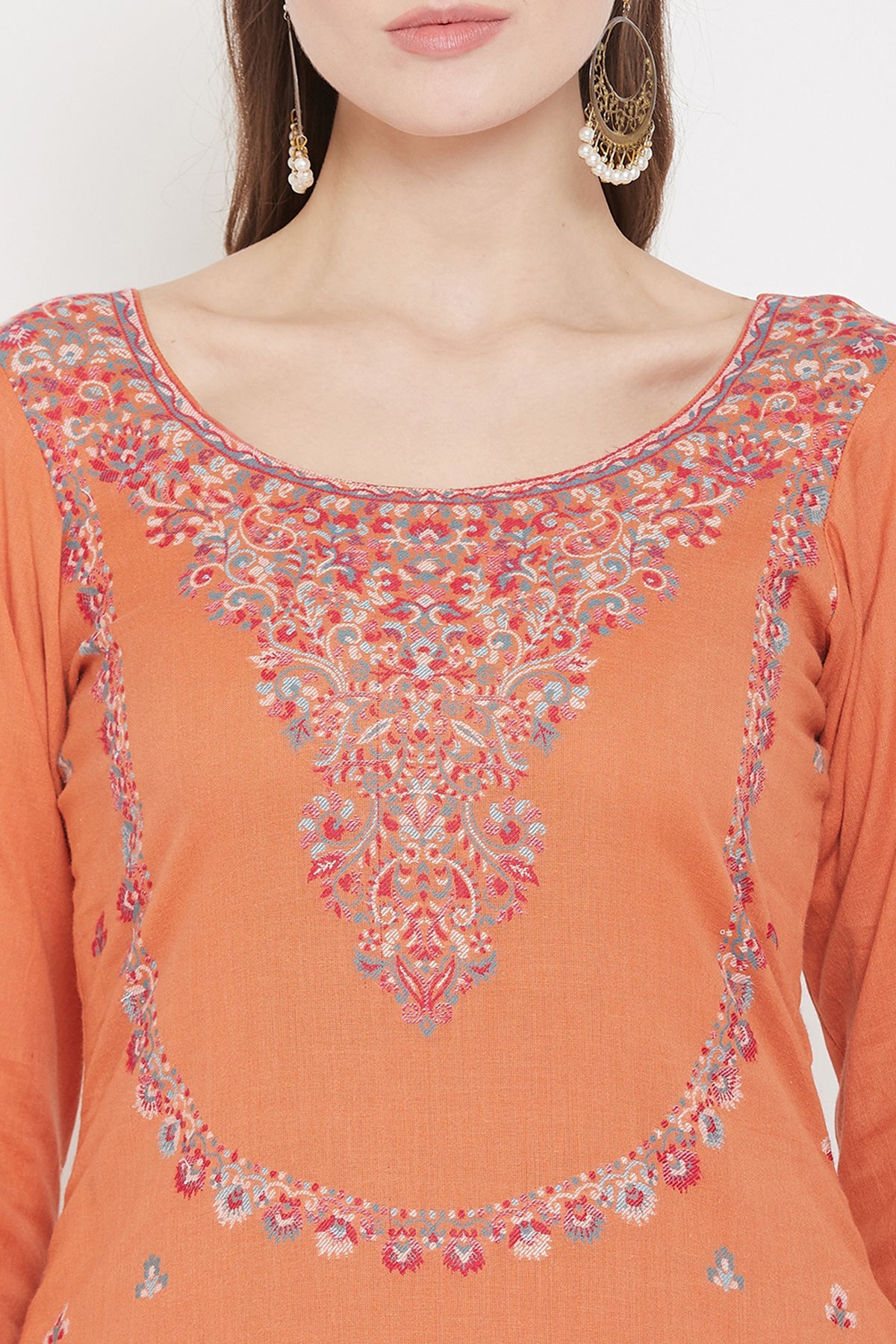 Cotton Kani Woven Orange Dress Material With Cotton Silk Dupatta