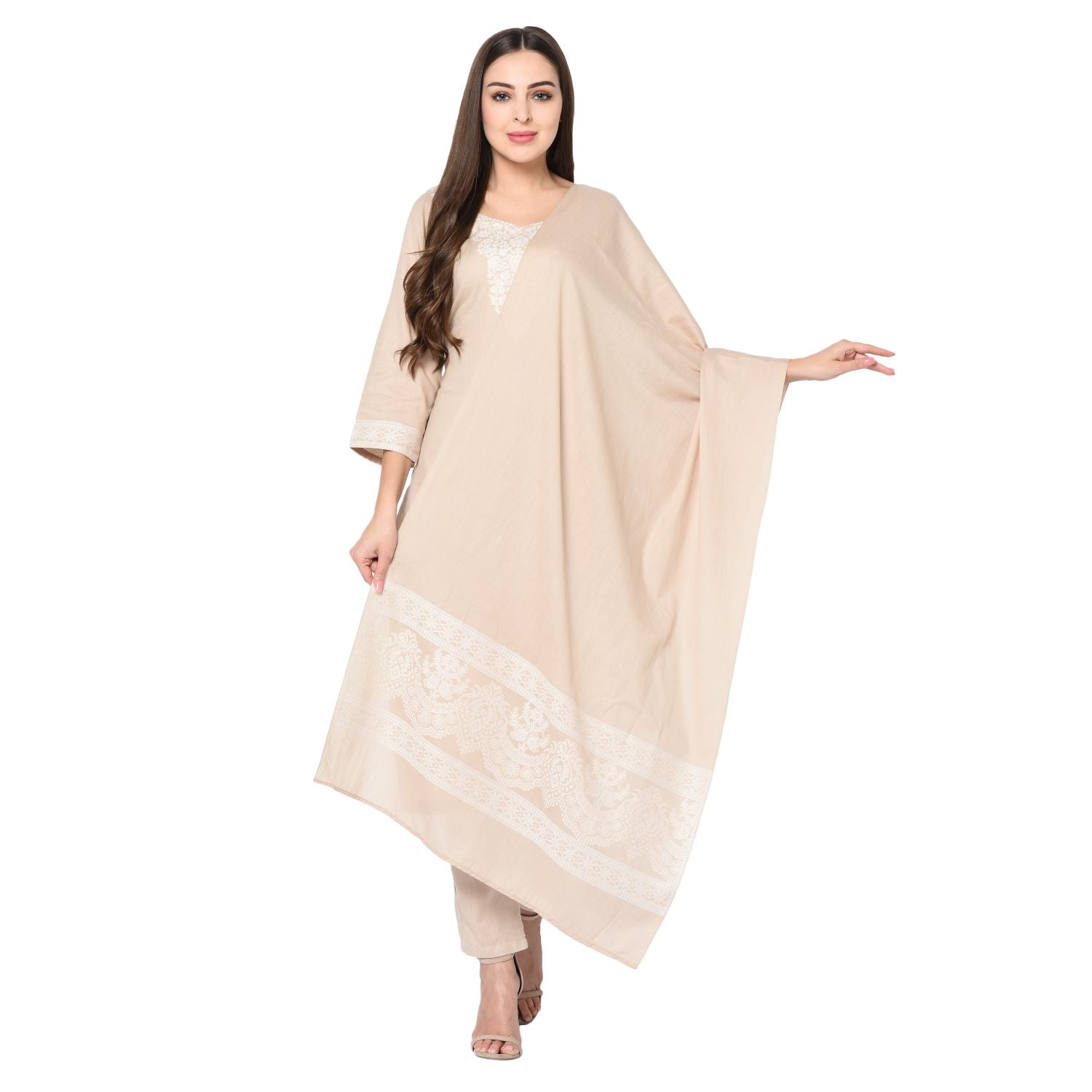 Chikankari Woven Cotton Camel Dress Material