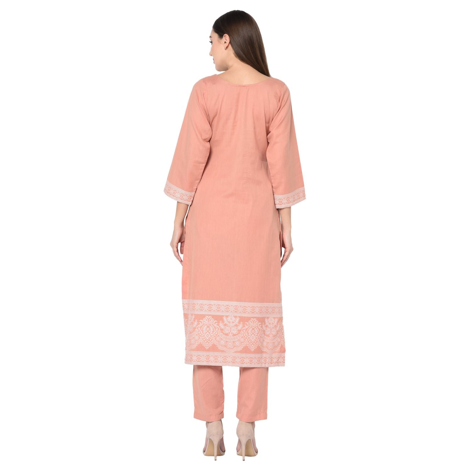 Chikankari Woven Cotton Peach Dress Material