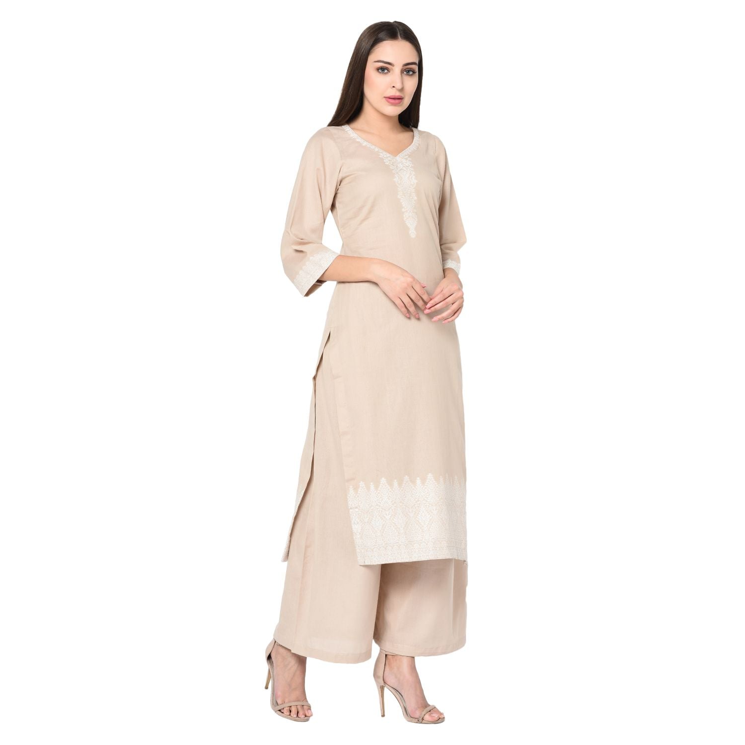 Chikankari Woven Cotton Camel Dress Material