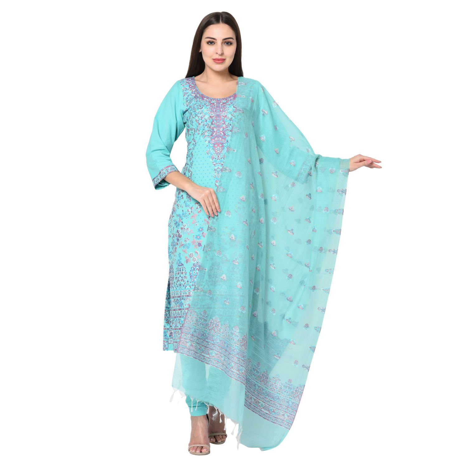 Cotton Kani Woven Turquoise Dress Material